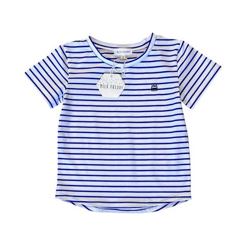 BOYS BLUE AND WHITE STRIPE TEE WITH MINI EMBROIDERED BANDIT