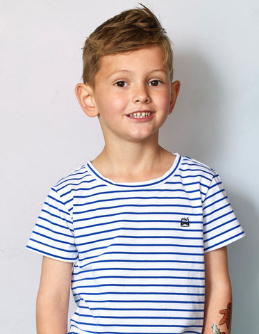 BOYS BLUE AND WHITE STRIPE TEE WITH MINI EMBROIDERED BANDIT