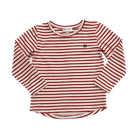 BOYS RED & WHITE LONG SLEEVE STRIPE TEE WITH MINI EMBROIDERED BANDIT